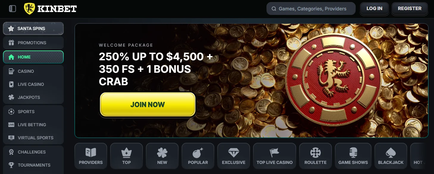 Kinbet frontpage with big banner displaying a 250% bonus available with PayID deposit