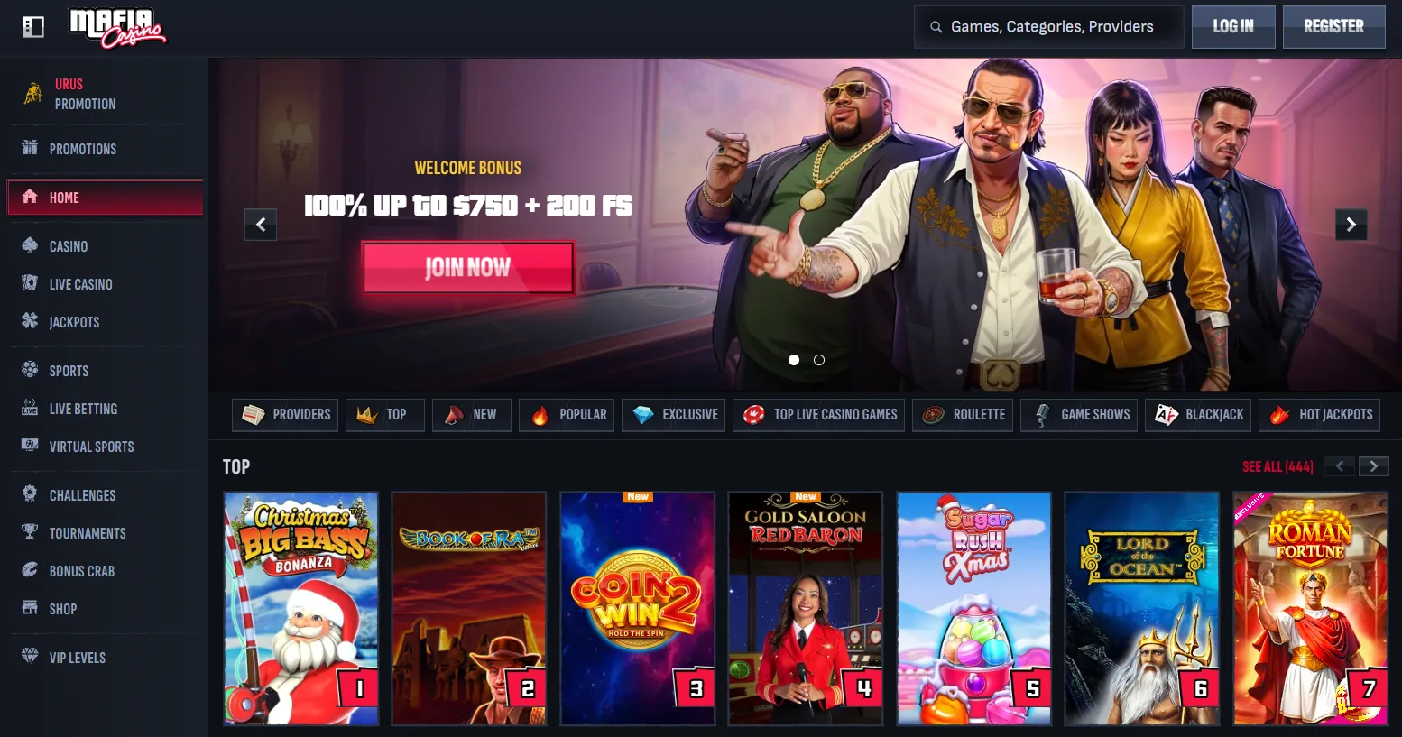Mafia casino homepage with top online pokies visible