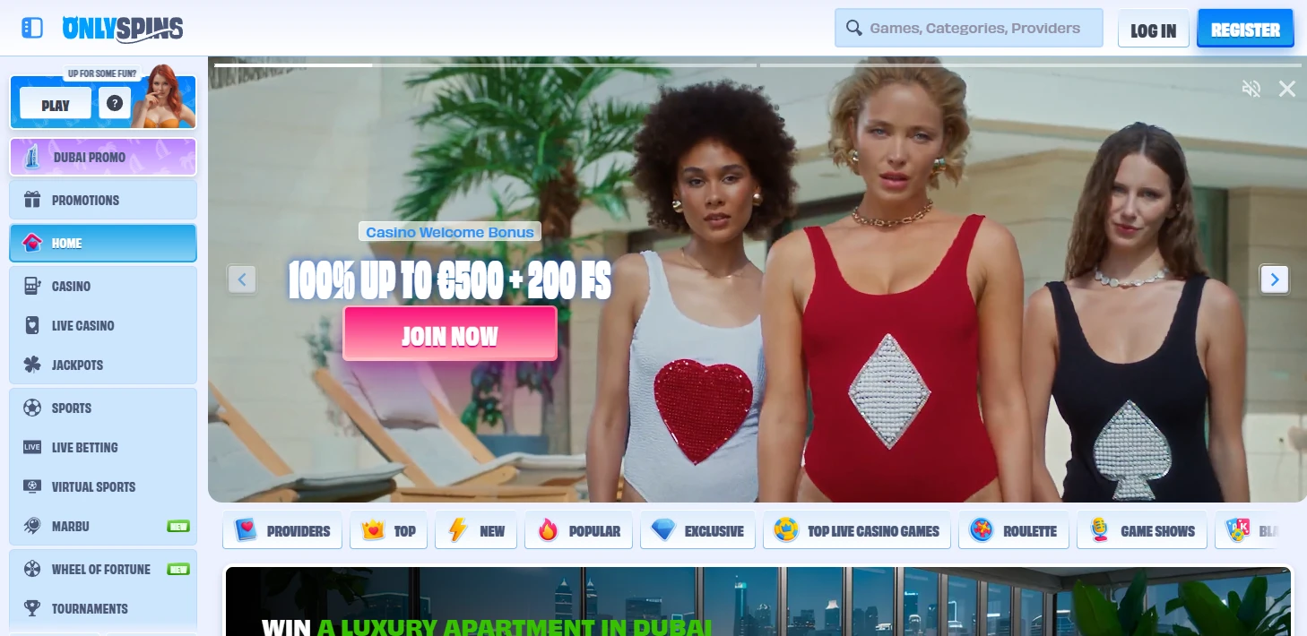 Onlyspins frontpage displaying a 100% welcome bonus