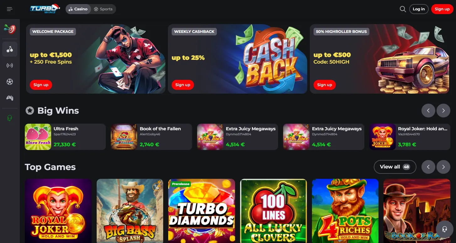 Turbowinz frontpage with three banners displaying welcome bonus, cashback and high roller bonus